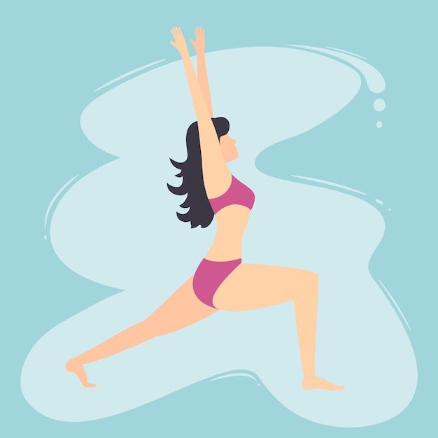 Mooie vrouw die yoga in rood zwempak op blauwe illustratie doet als achtergrond