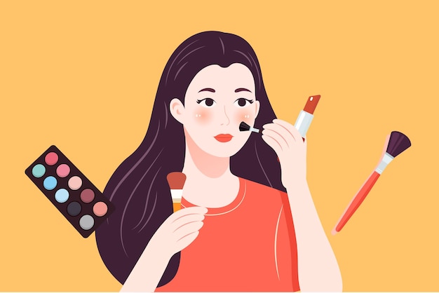 Vector mooie vrouw leert anderen make-up en verkoopt haar eigen producten in een live uitzendruimte