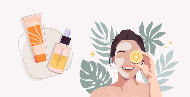Mooie vrouw met gezichtsmasker en oranje snee huidverzorgingsproduct illustratie met bladeren