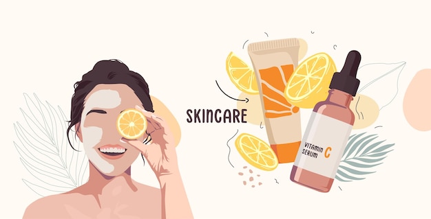 Mooie vrouw met gezichtsmasker en oranje snee huidverzorgingsproduct illustratie met bladeren