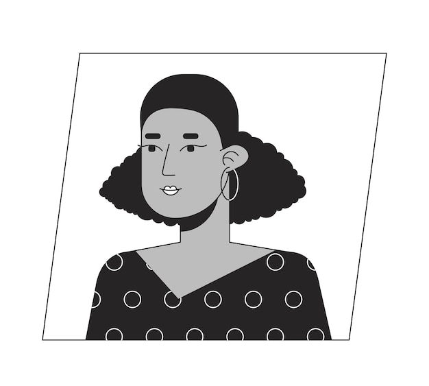 Mooie vrouw met kort krullend haar zwart wit cartoon avatar icoon Bewerkbaar 2D karakter gebruikersportret lineaire platte illustratie Vector gezichtsprofiel Overzicht persoon hoofd en schouders