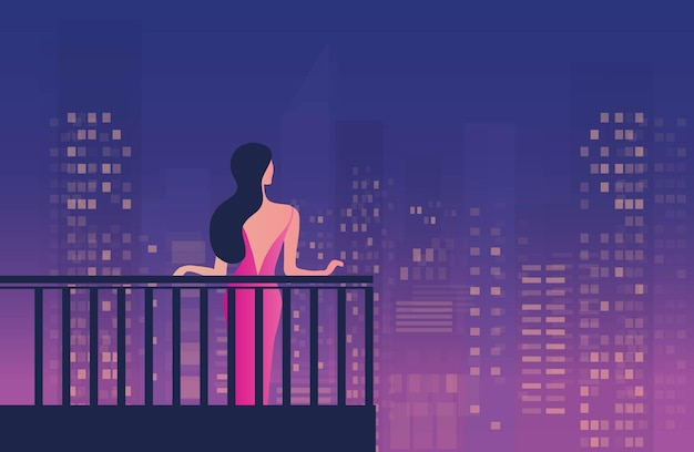 Vector mooie vrouw permanent op balkon op stadsgezicht nacht tijd vectorillustratie