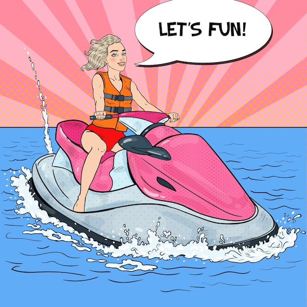 Vector mooie vrouw rijden jetski