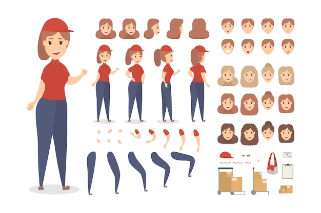 Mooie vrouwelijke courier-tekenset voor animatie met verschillende weergaven, kapsels, emoties, poses en gebaren. Verschillende apparatuur zoals tas, dozen en klembord. illustratie
