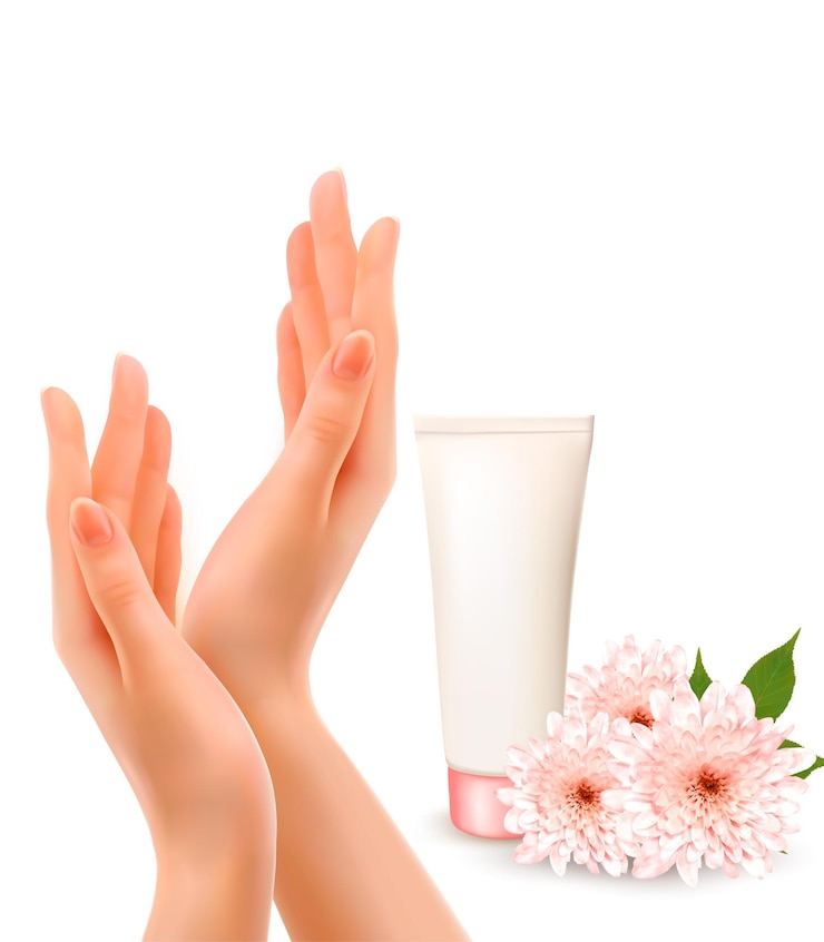 Vector mooie vrouwelijke handen met een crème en bloemen.