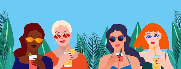 Mooie vrouwen die een zwempakzonnebril dragen en cocktails houden Exotische tropische planten Zomervakantie rusten en ontspannen Vrije tijd op een strand Platte vectorillustratie