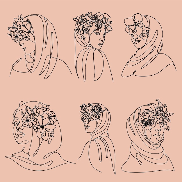 Mooie vrouwen in hijab-lijntekeningen die Iran-protesten tekenen