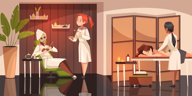 Vector mooie vrouwen in schoonheid spa centrum cosmetologie en huidverzorging professionele massagetherapeut en schoonheidsspecialist op het werk gezichtsmasker cartoon plat geïsoleerde illustratie netjes vector concept