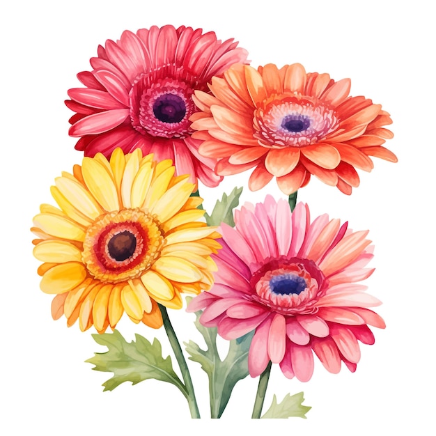 Mooie waterverf gerbera daisy bloemen clipart en bladeren waterverf bloemen elementen