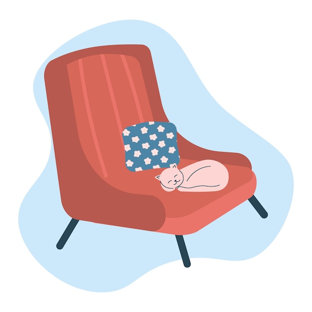 Mooie witte kat slapen op een rode retro fauteuil gezellige herfst interieur vectorillustratie