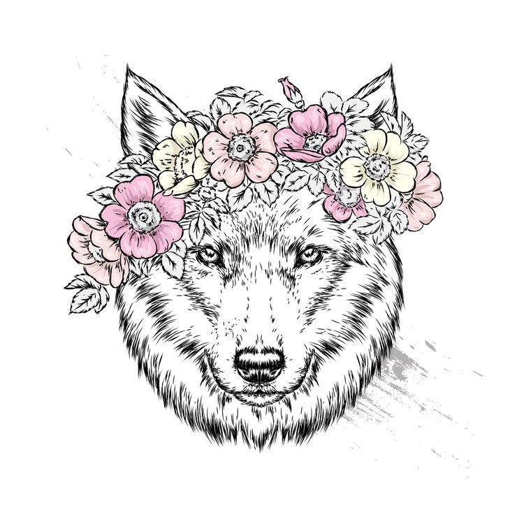 Vector mooie wolf in een krans van rozen
