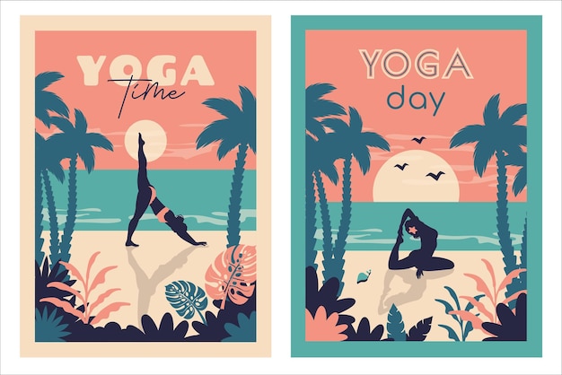 Mooie yoga vrouw op het strand Jong silhouet meisje in zwembroek strekt zich buiten uit Vrouwelijk karakter doet meditatie ademhalingsoefening Platte vectorillustratie voor een gezonde levensstijl