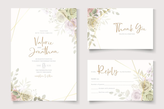Mooie zachte bloemen en bladeren bruiloft uitnodigingskaart ontwerp
