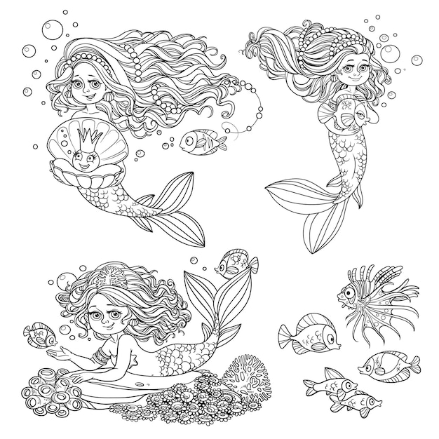 Mooie zeemeermin meisjes in tiara's met vis geschetst set voor kleurplaat geïsoleerd op een witte achtergrond