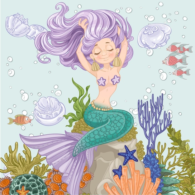 Mooie zeemeermin rechtzetten haar zittend op een rots met algen en anemonen