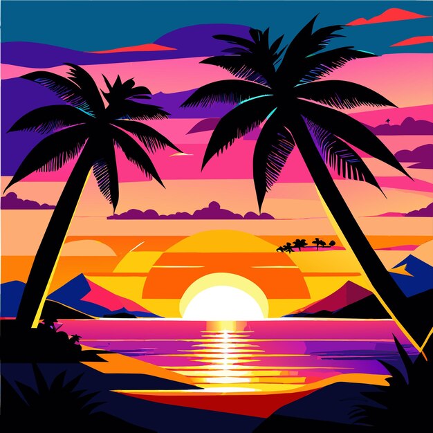 Vector mooie zonsondergang op oceaan tropisch landschap zomer kuststrand met palmbomen