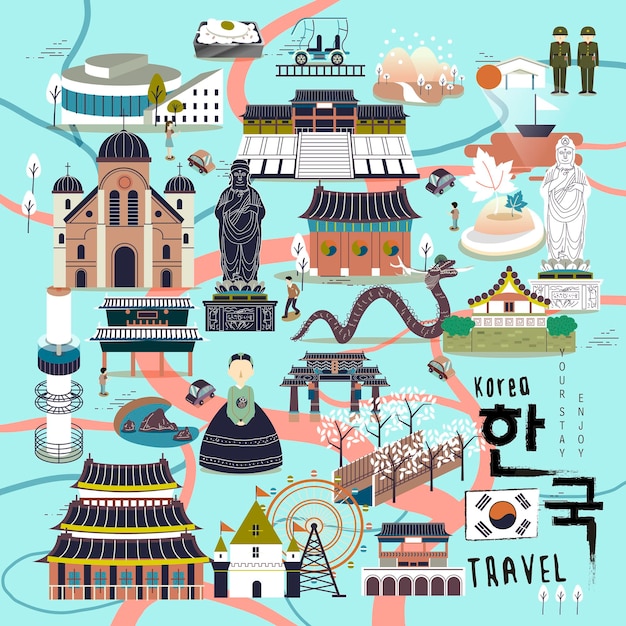 Mooie Zuid-Koreaanse reiscollecties in plat design - Korea in Koreaanse woorden rechtsonder