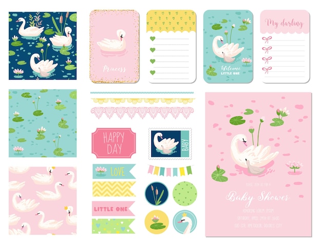 Mooie zwanen baby shower plakboek set. vector scrapbooking met decoratieve elementen, tags, etiketten, stickers, notities, naadloze patronen, uitnodigingskaart aankondiging.