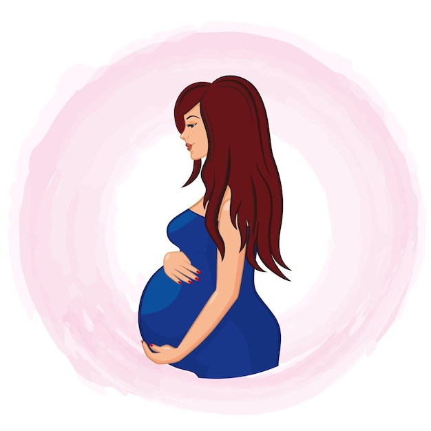 Mooie zwangere vrouw in een blauwe jurk Zwangere vrouw voor aquarelachtergrond