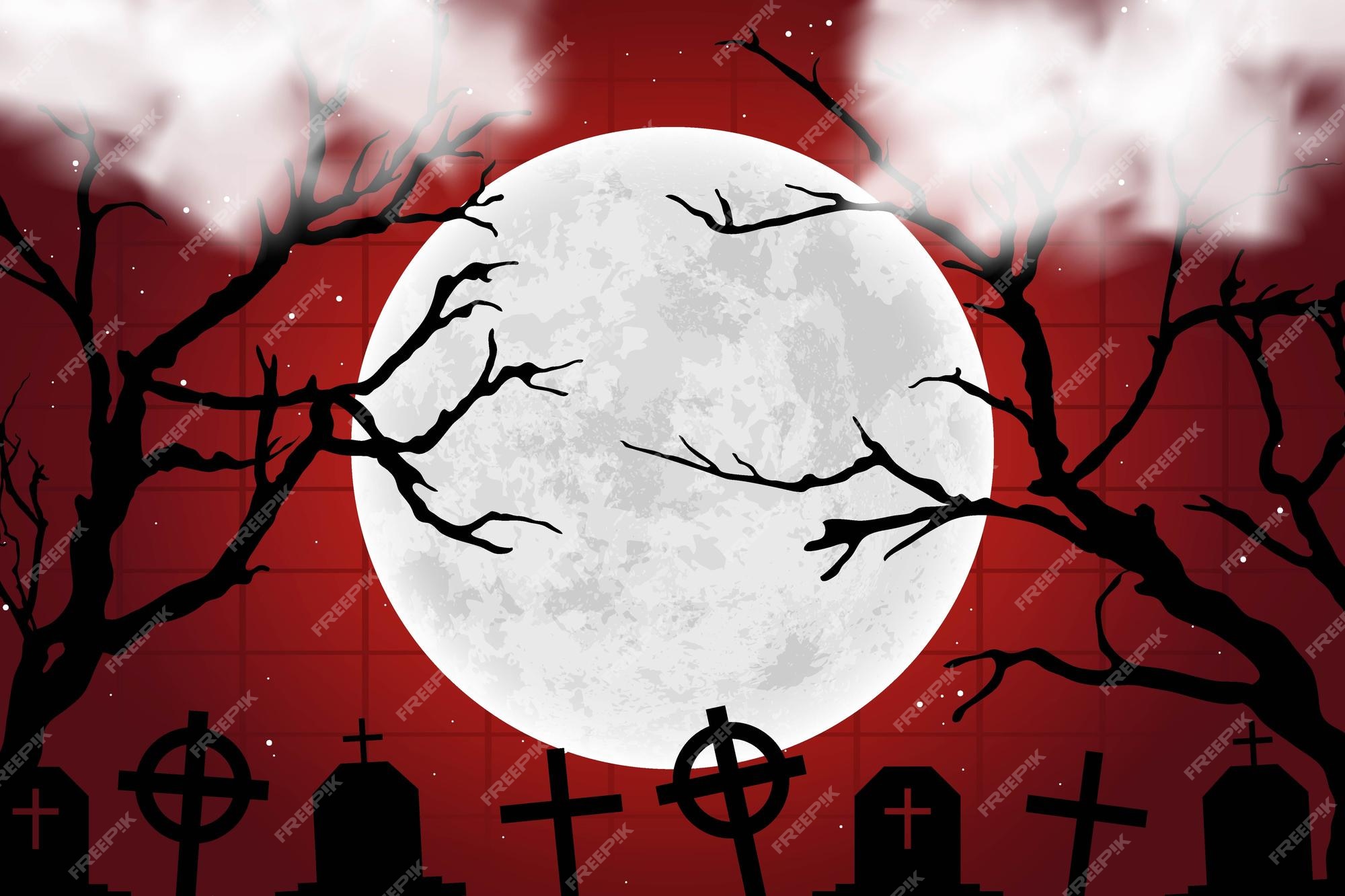Metalen lijn kunst In Premium Vector | Moon on cemetery red terror scary halloween style template  background creepy wallpaper banner design