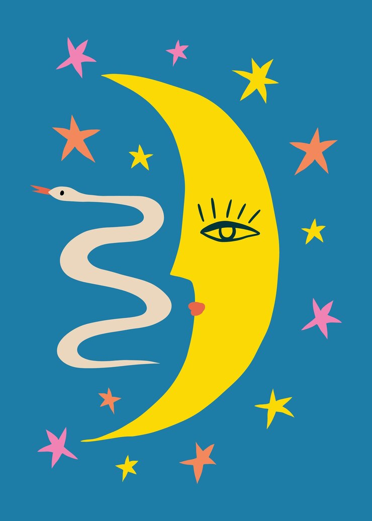 Vector the moon character night boho naive funky handdrawn style art vector illustration