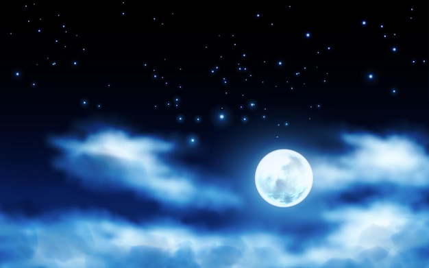 Moon and clouds on starry night sky