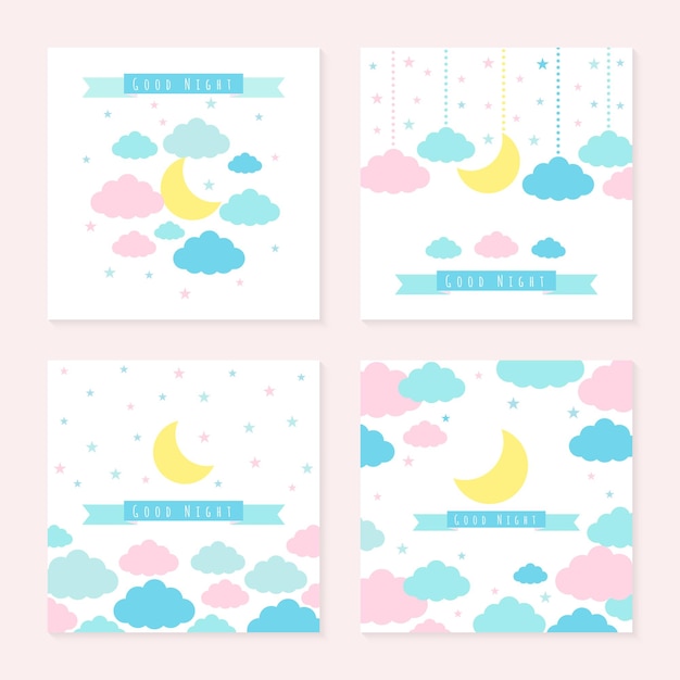 Лунные облака, звезды и баннер для текста на белом фоне Набор детских иллюстраций