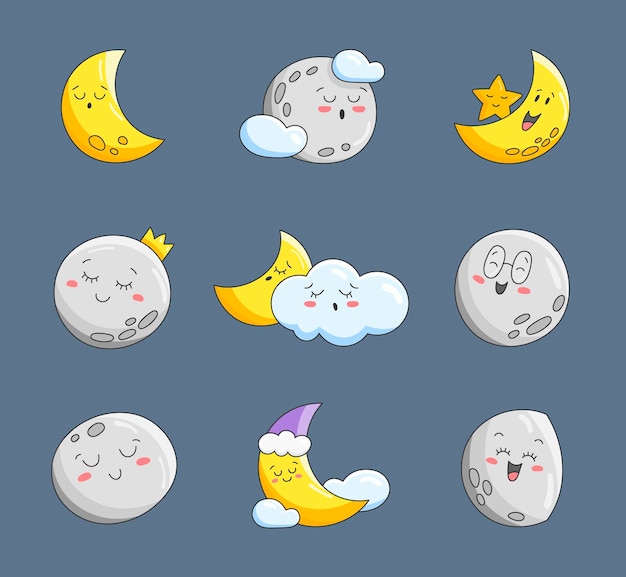 Moon cute kawaii character Dream space night sky Vector drawing Collection of design elements