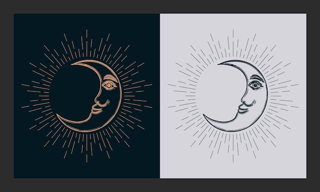 Moon face with hand drawing engraving style