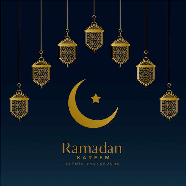 moon and hanging lanterns ramadan kareem design