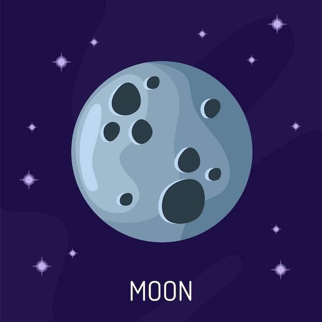 The moon is in a flat style The moon on a dark background with stars Cartoon icon of the planet Moon The science of astronomy is a satellite of the Earth in space