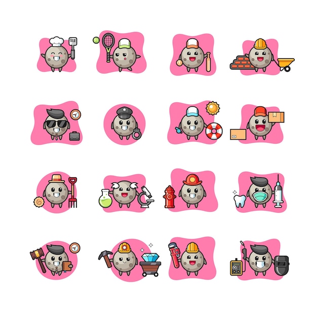 Vector moon kawaii character profession set