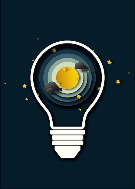 Vector moon in light bulb.paper art and craft style.