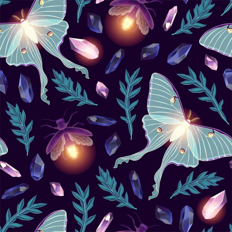 Vector moon moth with crystals vector seamles pattern