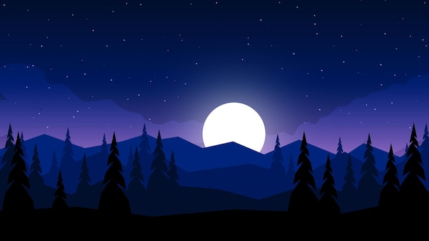 Vector moon over the mountains silouhette forest