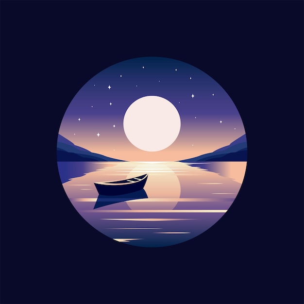 Vector moon night river and boat scenery