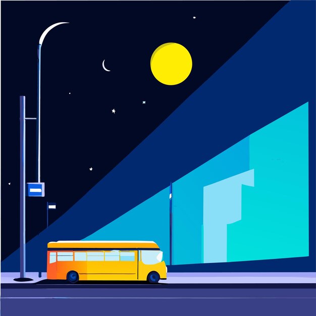 Vector moon night view at a bus stop station illustration