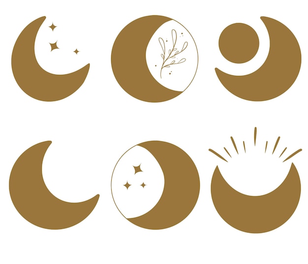 Vector moon phase with flower and stars set