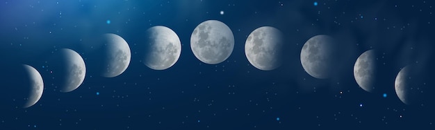 벡터 달의 위상 천문학 아이콘 세트 푸른 하늘과 별 벡터 현실적인 밤 풍경
