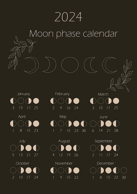 Vettore calendario fasi lunari 2024 gibbosa calante mezzaluna crescente luna nuova luna piena con date