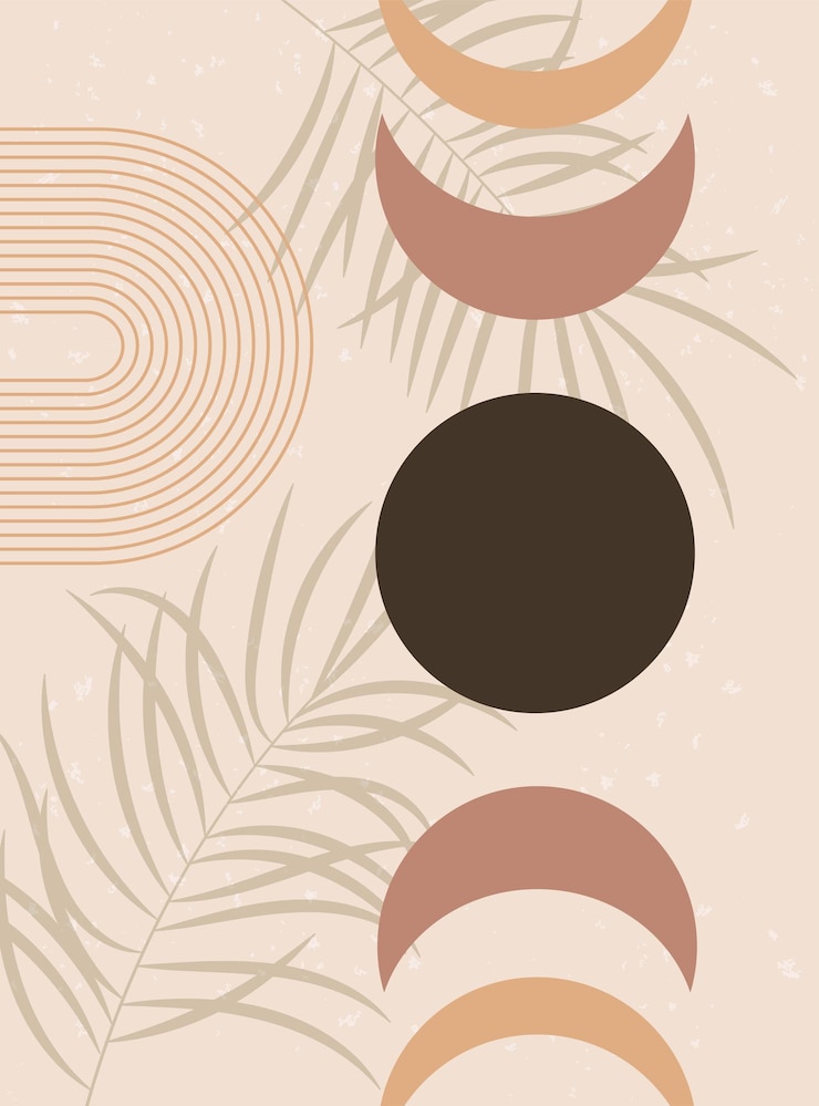 Vector moon phases and palm leaves earth tones terracotta colors boho wall decor mid century art print