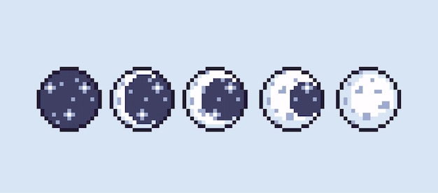 Vettore set di pixel art fasi lunari. collezione di cicli lunari. eclissi, mezzaluna, luna piena