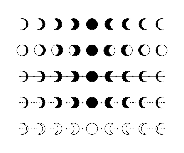Вектор Фазы луны силуэт черных полумесяцев иконки. фазы векторной коллекции плоских иконок луны