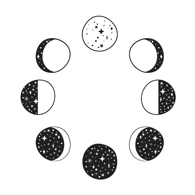 Moon phases silhouettes with stars crescent new full surface and eclipse