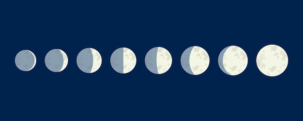 Vector moon phases the whole cycle from new moon to full moon icon night space astronomy and nature moon phases sphere shadow vector illustration