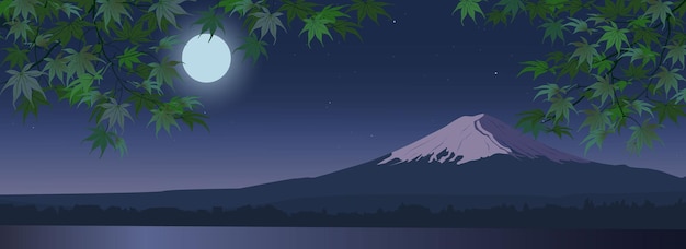 The moon rising over Mount Fuji hanging branches of a Japanese maple Realistic vector background