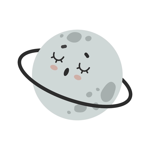 Moon or Saturn Cute planet with face in cartoon style Character for children Space illustration