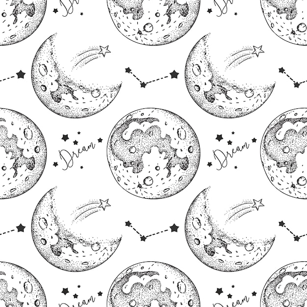 Vector moon seamless pattern with stars