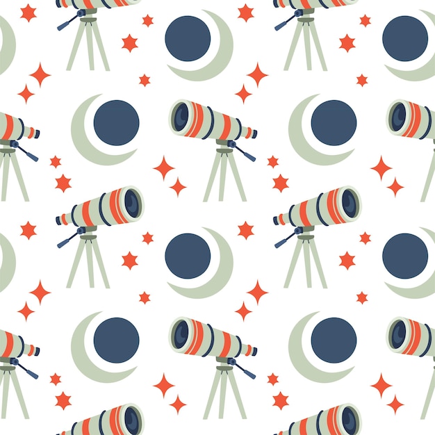 Moon Solar Eclipse Telescope seamless pattern in flat cartoon style for kids nursery room