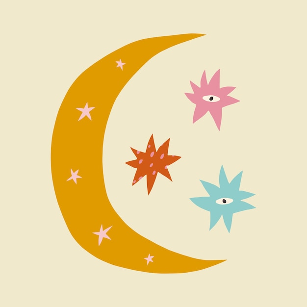 Vector moon and stars childish cartoon boho naive funky handdrawn style art vector illustration